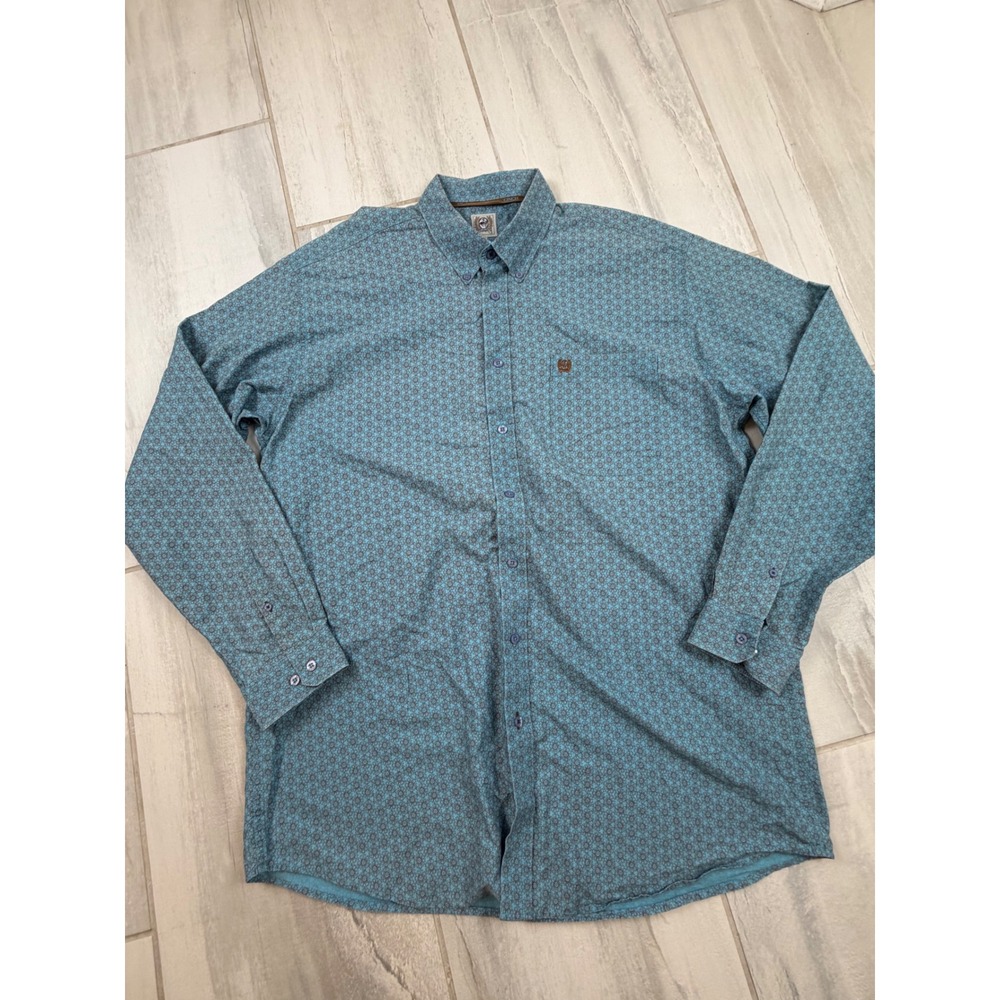 Cinch Mens XL Turquoise Blue Brown Floral Geometric Western‎ Button Down Shirt